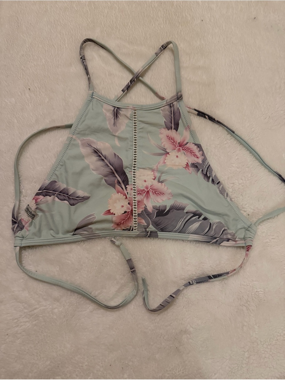 Rhythm (PacSun) Floral High-Neck Bikini Top in light blue and Pink Sz S